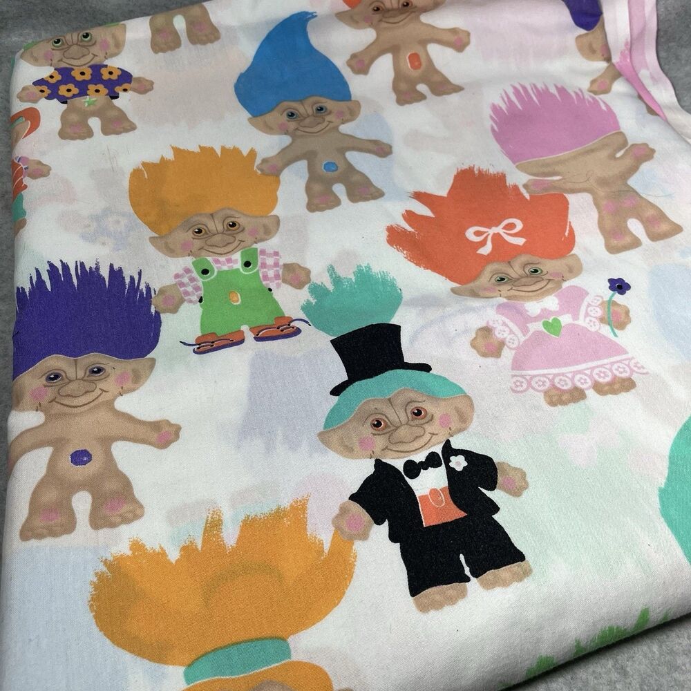 VTG Ace Treasure Trolls Dolls Twin Flat Sheet 1992‎ Retro Cutter Fabric Crafters